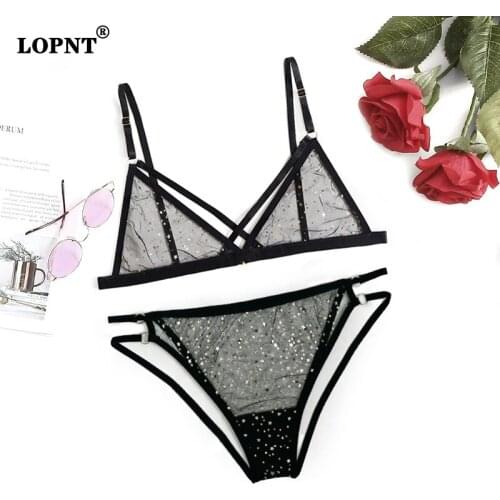 LOPNT Mesh Bronzing Star Sexy Lingerie Women New Net Yarn Perspective Three-Point Underwear Suit Bandage Hollow Bra Set