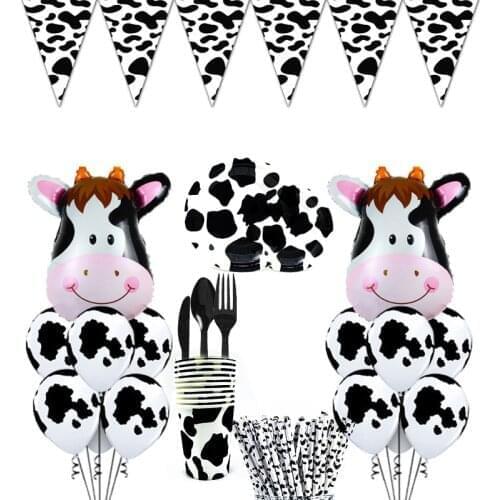 Cow Theme Party Supplies Decoration Cow Paper Plate Cup Disposable Tableware Ranch Cow Flag Animal Birthday Party Decor Supplies