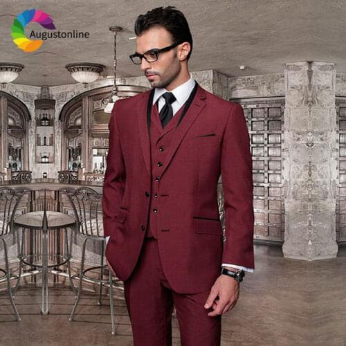 Casual Costume Homme Burgundy Men Suits Wedding Custom Made Groom Tuxedo Slim Fit Groomsmen Blazer Jacket Pant Vest 3 Pieces