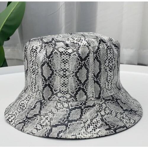 New Fashion Casquette Snake Skin Print Leather Bucket Hat Fisherman Hats Caps Women Ladies Punk Available On Both Sides Cool Man