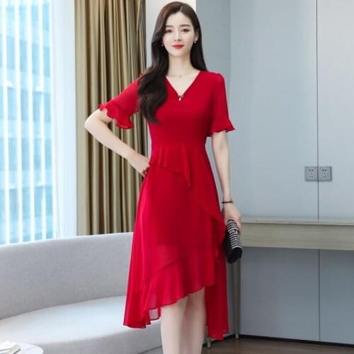 LUKAXSIKAX 2021 Summer Women Sexy V-Neck Short Sleeve Slim Long Dress Fashion Ruffles Irregular Hem Solid Color Chiffon Dress