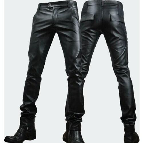 29-33 New Winter 2020 Mens Personality Stitching Tight Leather Pants Korean Slim Leather Trousers Tide Male Feet Pu Pants