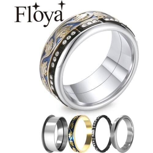 Floya Fashion Interchangeable Ring Stainless Steel Rings Sets Men Women Minimalist Couple Bagues Leaf Enamel Plant Design