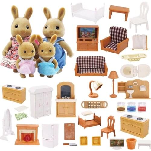 Forest Family Bedroom Furniture Set Rabbit Animal Miniature Dollhouse Beds 1:12 Furniture For Dolls Pretend Play Toys Girls Gift