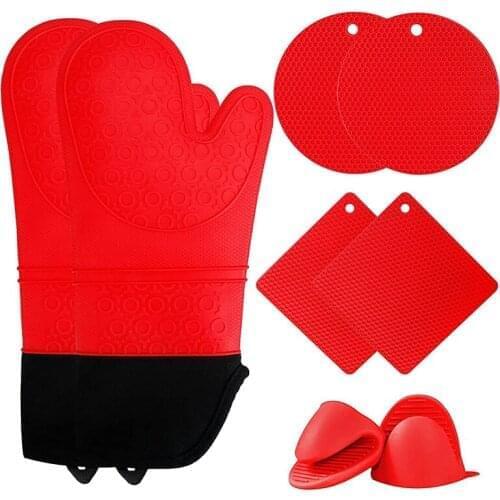 Silicone Oven Mitts and Hot Pads Set, Jumeijia 8Pcs Extra Long Kitchen Oven Silicone Gloves with Non-Slip Heat