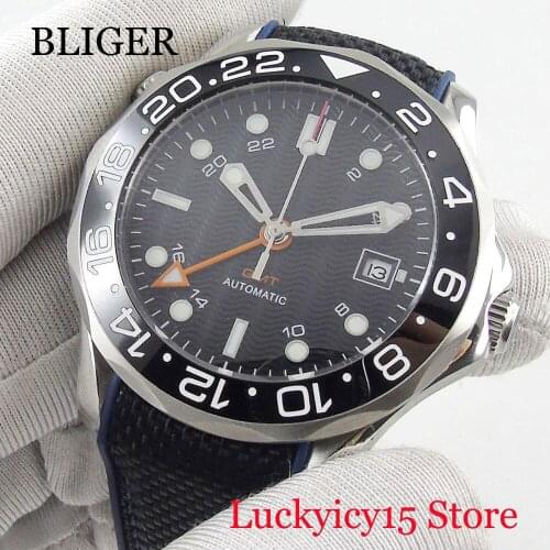 Nologo 41mm GMT Mechanical Mens Watch Sterile Dial With Date Window Wristwatch Rotating Bezel Sapphire Glass Rubber Strap