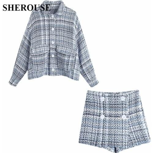 2021 New Women 2 Pieces Tweed Texture Set Long Sleeve Turn-Down Collar Shirt Shorts Suit Chic Lady Fashion Casual Women Clothes
