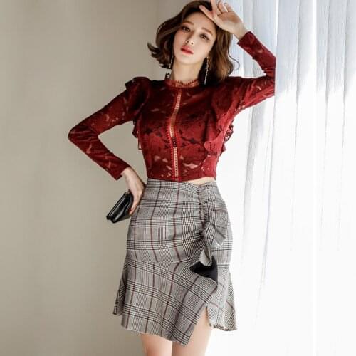 New arrival fashion women wild lace perspective shirt temperament slim casual mini trumpet dress outdoor comfortable women set