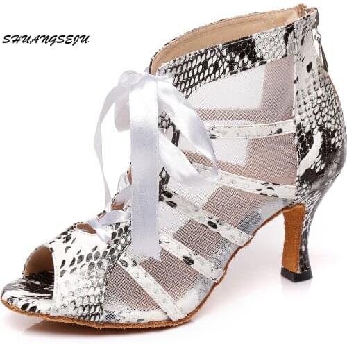 New Featured Dance Shoes For Women Latin Salsa Dance Boots Transparent Party Ballroom Women Sandals Mesh Heel 6/7.5/8.5/9/10cm
