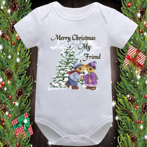 Merry Christmas Cute Cartoon Bear Graphic Printed New Fashion Newborn Baby Romper Infant Short Sleeve White Onesies