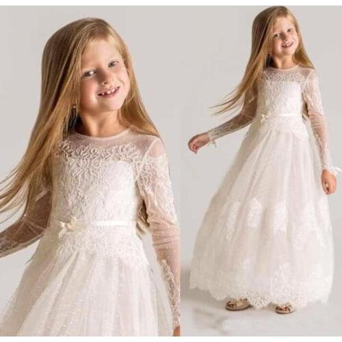 White Ivory Long Sleeves Flower Girl Dresses For Wedding Lace High Quality Kids Princess Child Toddler First Communion Gowns