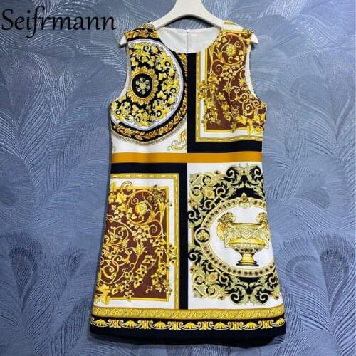 Seifrmann New 2021 Summer Fashion Runway Party Mini Dress Sleeveless Gorgeous Crystal Beading Vintage Print Slim A-Line Dresses