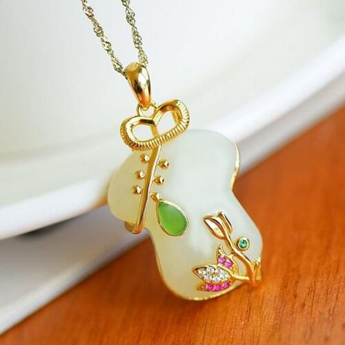 Silver inlaid natural Hetian white jade brocade Pendant Necklace with unique Chinese ancient gold craft womens brand jewelry