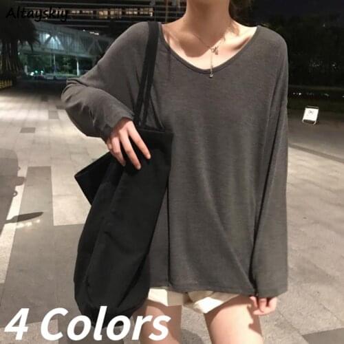 T-shirts Women Minimalist Style Solid Leisure Vintage Loose BF All-match Cozy Long Sleeve V-neck Tops Female Basic Harajuku Chic