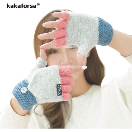 Kakaforsa Women Clamshell Fingerless Gloves Multifunctional Cute Warm Mittens Students Winter gants femme handschoenen eldiven