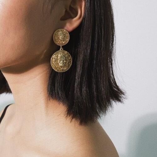 JOUVAL Exaggerated Lion Coin Dangle Drop Earrings Female Vintage Statement Brincos Round Earing For Women Fashion Jewelry 1363
