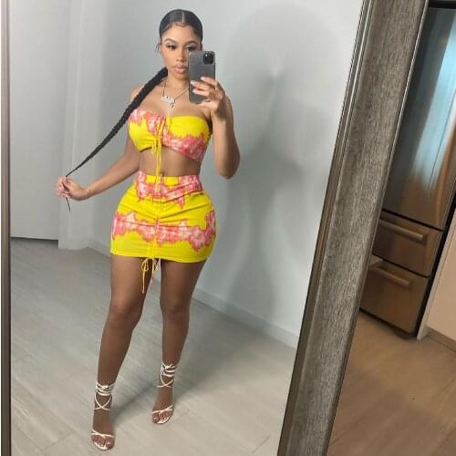 Printed Drawstring Ruched Two-pieces Skirts Suits Women Sets Clubwear Strapless Bra Crop Tops+Mini Bodycon Skirt Party Clothes