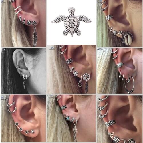 18 Types Retro Turtle Leaf Ear Piercing Helix Piercing Tragus Fake Nose Ring Star Studs Faux Piercing Oreille Body Jewelry Lot