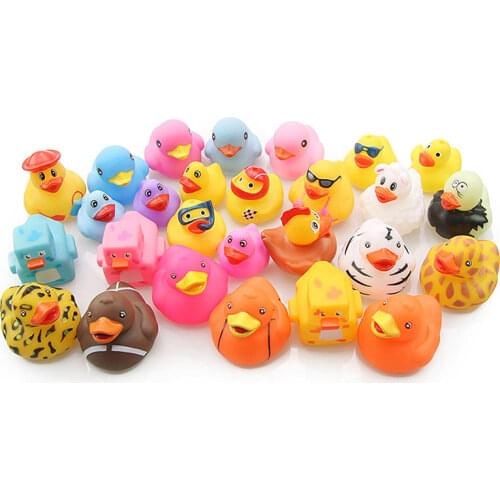 Random 5 Pcs 5cm Baby Bath Cartoon Ducks Baby Shower Water Swimming Toys Floating Rubber Mini Animals For Kids Squeeze Sound