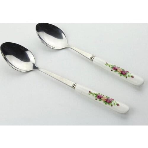 5 Pcs Kitchen Utensil Soup Spoons Tea Coffee Rose Ceramic Handle Spoon Kitchen Tableware Dinnerware Stainless Steel Spoon Set