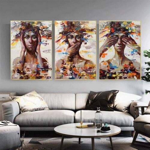 Abstract Girl Wall Art Canvas Painting Covering Eyes Mouth and Ears Wall Graffiti Art Paintings Woman Cuadros Picture Home Decor