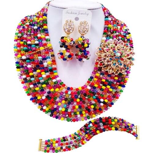 ACZUV Multicolor Beads Necklace Nigerian Wedding African Jewelry Set for Women 10C-DS011