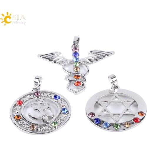 CSJA 7 Chakra Rhinestone Bead Necklace Pendants Angel Wings Tree of Life OM 3D Yoga Reiki Healing Point Meditation Pendulum E604