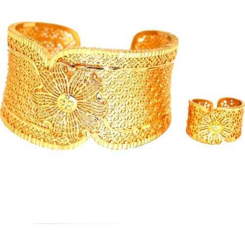 Flower Habesha Bridal Wedding Gifts 24K Gold Color Copper Bracelet Indian Dubai Bangles for Women African Saudi Arabia Jewelry