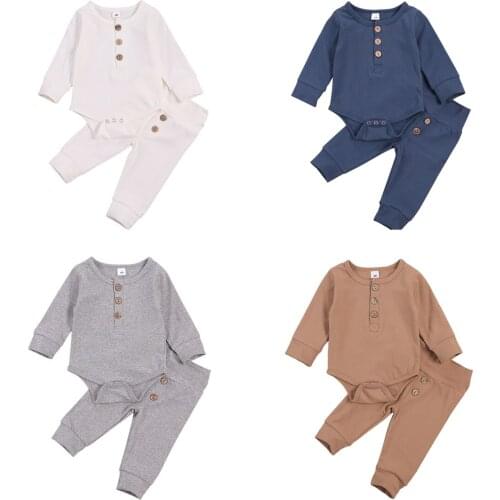 4 Colors Childrens Three Piece Set Kids Long Sleeve Solid Button Romper Toddlers Elastic Force Trousers White 0-18 Months