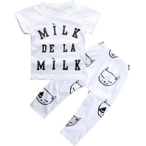 Childrens suit boys girls letter short sleeve T-shirt + cat trousers childrens casual summer suit cute pajamas