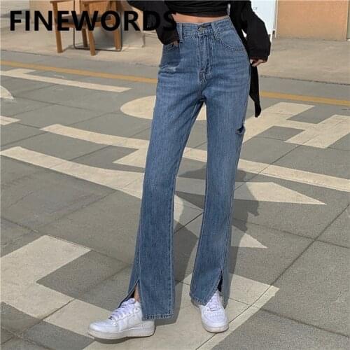 FINEWORDS High Waist Bottom Split Vintage Jeans Korean Streetwear Casual Jeans Bell Bottom Blue Ripped Spring Jeans For Women