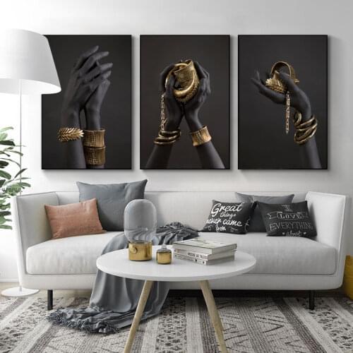 Black and Gold Woman Hand Oil Painting on Canvas Cuadros Posters and Prints Scandinavian Wall Art Picture for Living Room