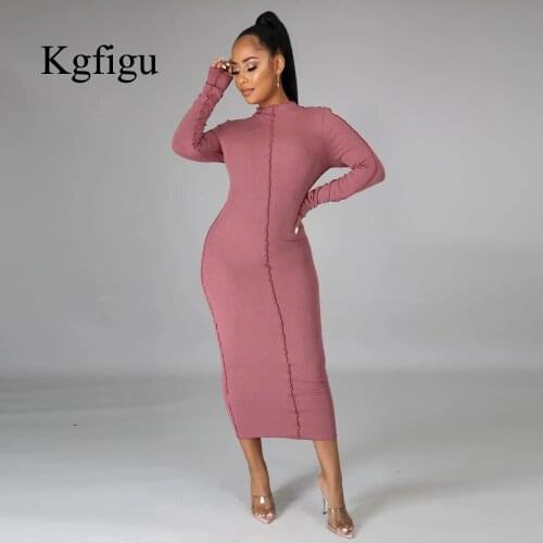 KGFIGU 2021 New Arrival Women Long Sleeve Dresses Fitness Stretchy Bodycon Vestidos Party Cloth Pink Clothes