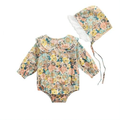 New Baby Girls Two-piece Clothes Set, Floral Printed Pattern Long Sleeve Romper and Cap, Beige/ Yellow