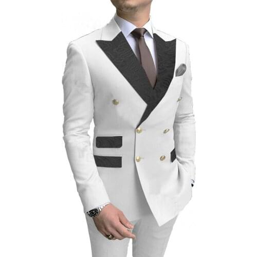 White Slim Fit Wedding Suits for Mens with Double Breasted 2 Piece Groomsmen Tuxedo Male Fashion Costume Jacket Pants