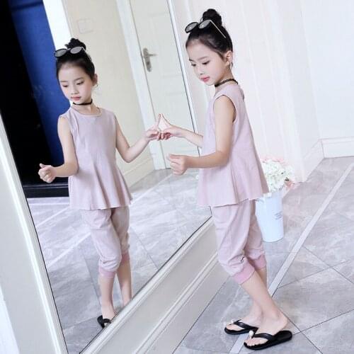 Girls Suits Summer 2019 New Fashionable Suit Western Style Fashionable Tide Cuhk Children Summer Two-piece Pure Color