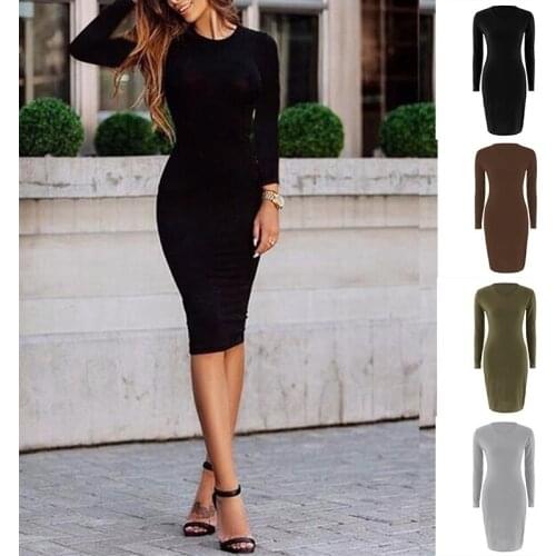 Crew Neck Sexy Streetwear Office Long Sleeve Women Dress Daily Party Tight Fitting Autumn Winter Solid Shopping Casual