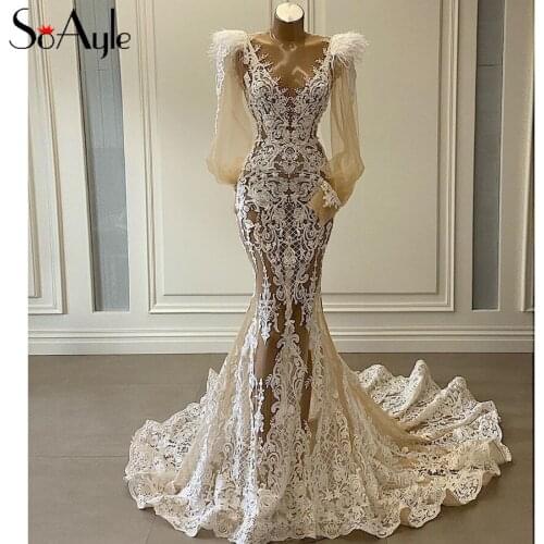 SoAyle Long Sleeves Lace Wedding Dresses Aso Ebi Vintage Arabic 2020 Bridal Gowns Sheer Feather Mermaid Dresses