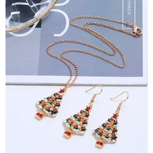 Cute Christmas Jewelry Set Tree Drop Earrings Pendant Long Necklaces Individuality Female Jewelry Party Stage Gifts for Girls
