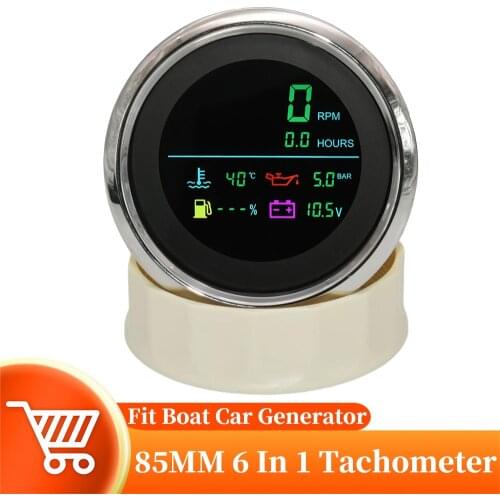85mm 6 In 1 LCD Multi-Function Tachometer Fuel Gauge Water Temperature Oil Pressure Voltmeter Hour Meter For Boat Car Generator