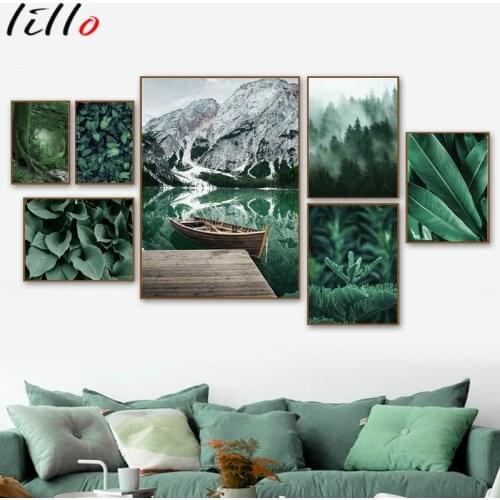 Green lake mountain forest banana leaves wall art canvas painting posters and prints nordic pictures wall for living room decor