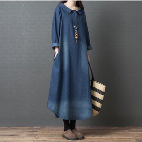 Spring Denim Maxi Dress 2021 Loose Turn-down Collar Long Sleeve Solid Jeans Vestidos Female Plus Size Pocket Casual Dresses Robe