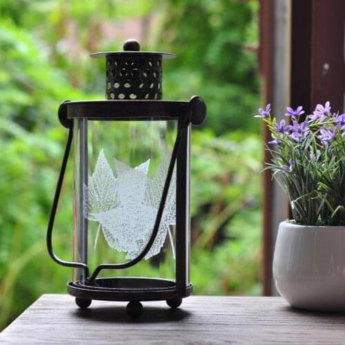 Handmade Mediterranean style Portable Iron + Glass Windproof Candles Holders