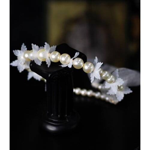 Sweetheart Bridal Headdress Pearls Lace Flowers Chain with Sprinkle Silver Lace Hair Hoop for Wedding Perform Studio Photo HP102