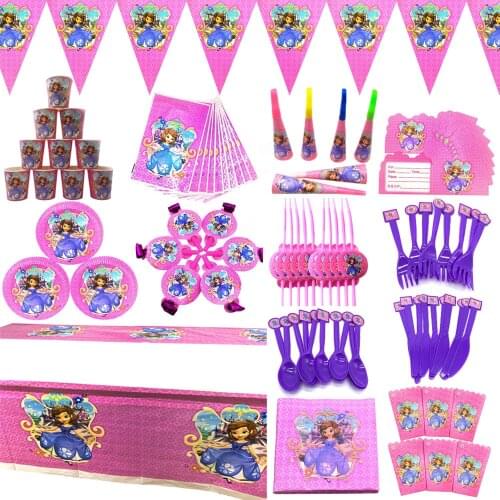 Princess Sofia Party Supplies Kids Girls Paper Plate Cup Napkin Hats Gift Bag Birthday Party Set Princess Sofia Theme Decoration