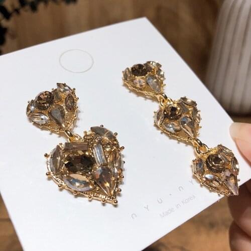 Luxury Champagne Full Crystal Heart Drop Earrings Elegant Asymmetry Dangle Party Jewelry For Women Pendientes Moda Brincos