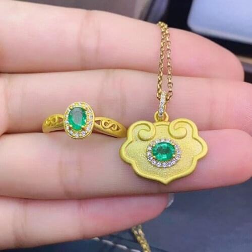 The best gift for engagement Emerald jewelry set Natural Real Emerald 925 sterling silver 1pc Emerald pendant,1pc Emerald ring