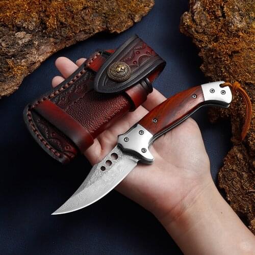 VG10 Damascus Steel Bowe Folding Knife Outdoor Sharp Hunting Knife Collection Knife + High Quality Leather Case