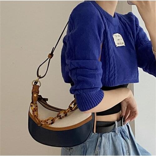 Women Crescent Shoulder Handbags Fashion Contrasting Color Canvas PU Leather Shoulder Bag Female Underarm Clutch Bag Purse