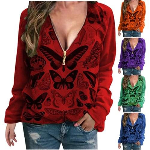 Women Long Sleeve Loose Deep V-neck Zipper T-Shirt Casual Butterflys Print Blouse Top Solid Color All-match Lovely Girls T-shirt